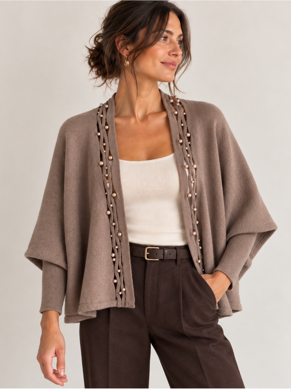 InCashmere Pearl Bead Shawl Cardigan Size S Taupe